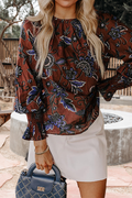 Spring Floral Print Smocked Cuffs Shift Blouse (S-Xl)