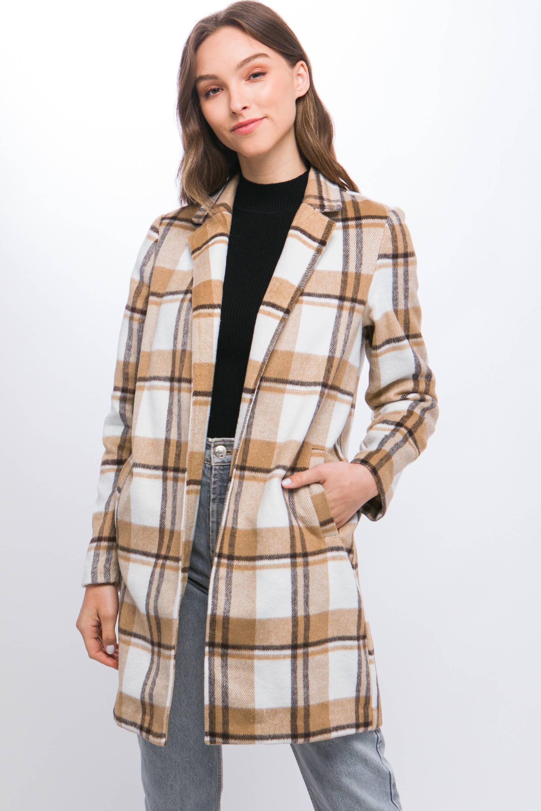 .SI-26864 Lapel Collared Plaid Wool Blend Full Coat w/ Side P