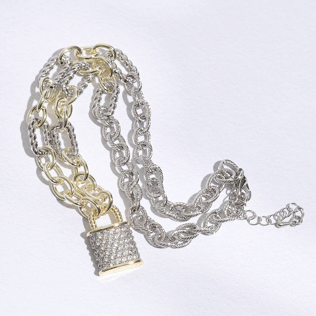 Linked Solid and Twisted Chain Cz Lock Necklace