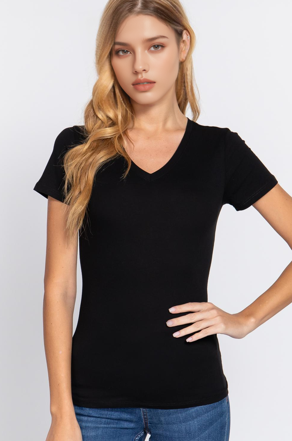 ..Fitted Short Sleeve V-Neck Cotton Top