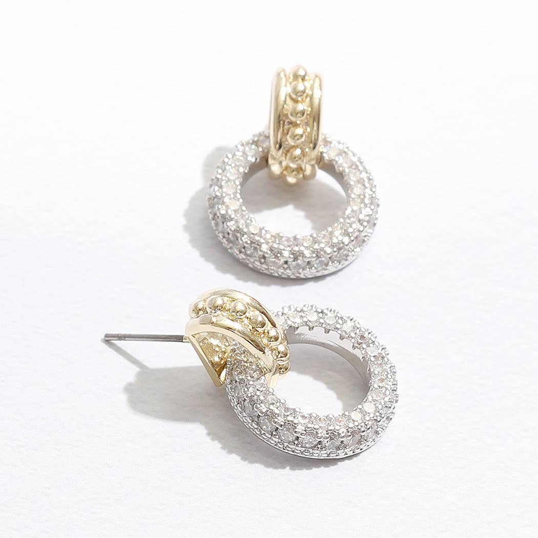 Two Tone Round Pave Cz Post Earrings