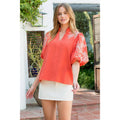 Embroidered Puff Sleeve Split Neck Top