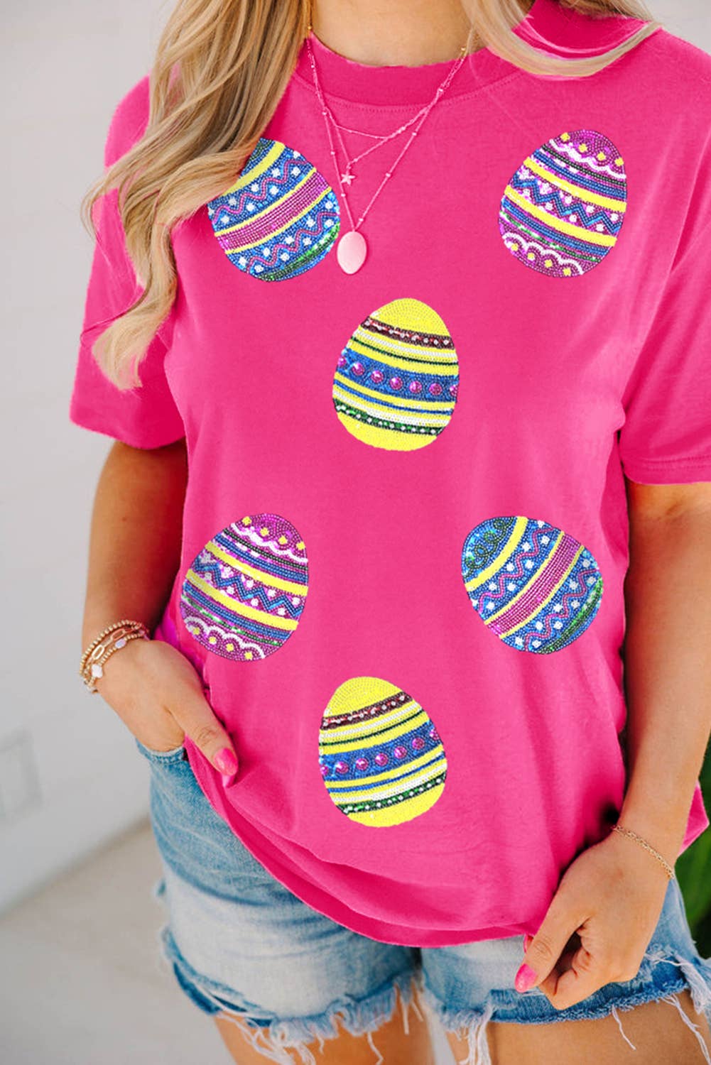 Sequin Easter Egg Graphic Casual T Shirt (S-2XL)