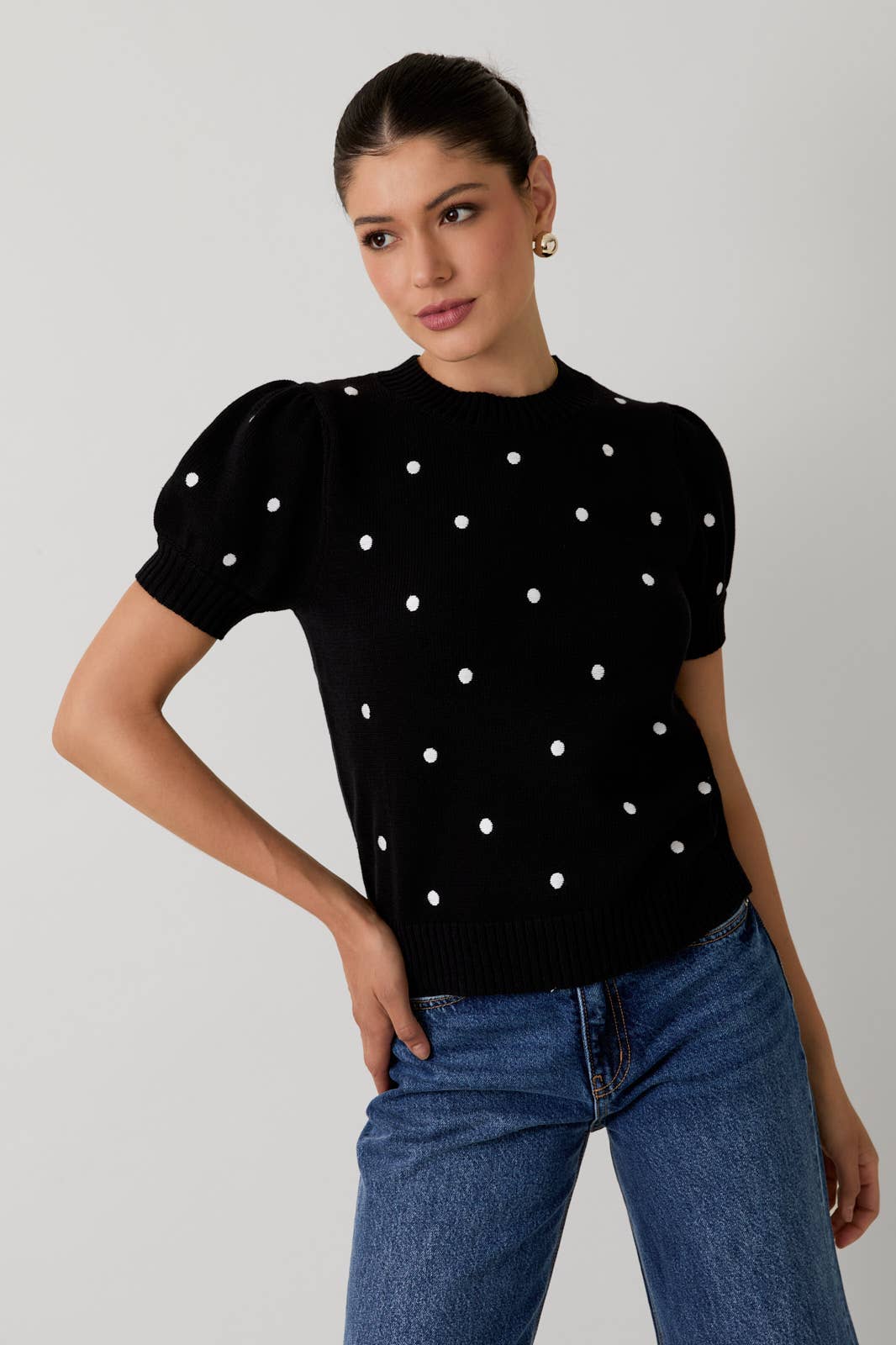 Round Neck Puff Short Sleeve "Polka Dot" Embroidered Sweater