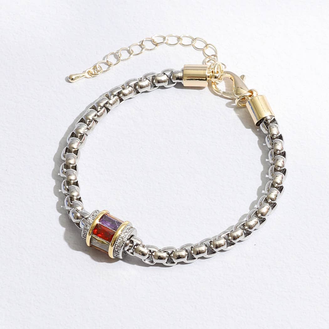 Multi Tone Cz Cylinder Charm Chain Bracelet