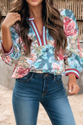 Spring Floral Contrast Trim Bracelet Sleeve Blouse (S-Xl)