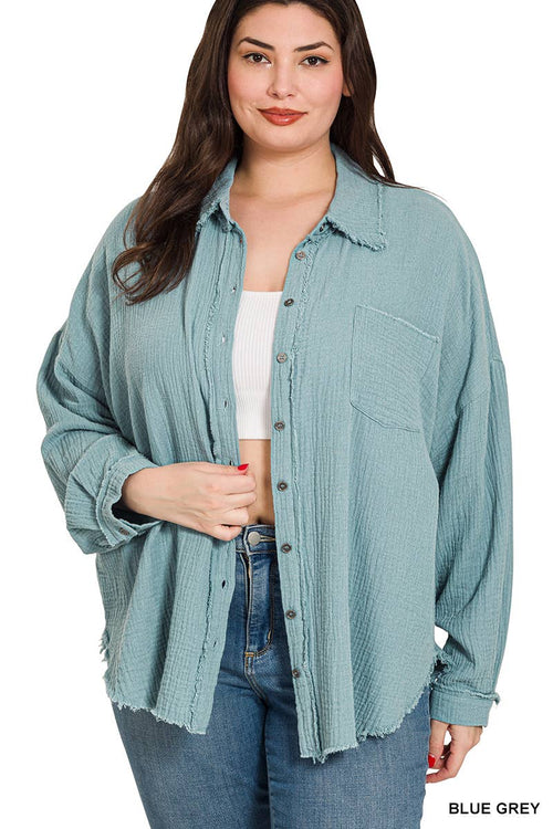,,..0702 Plus Oversized Raw Edge Shirt SI-23811