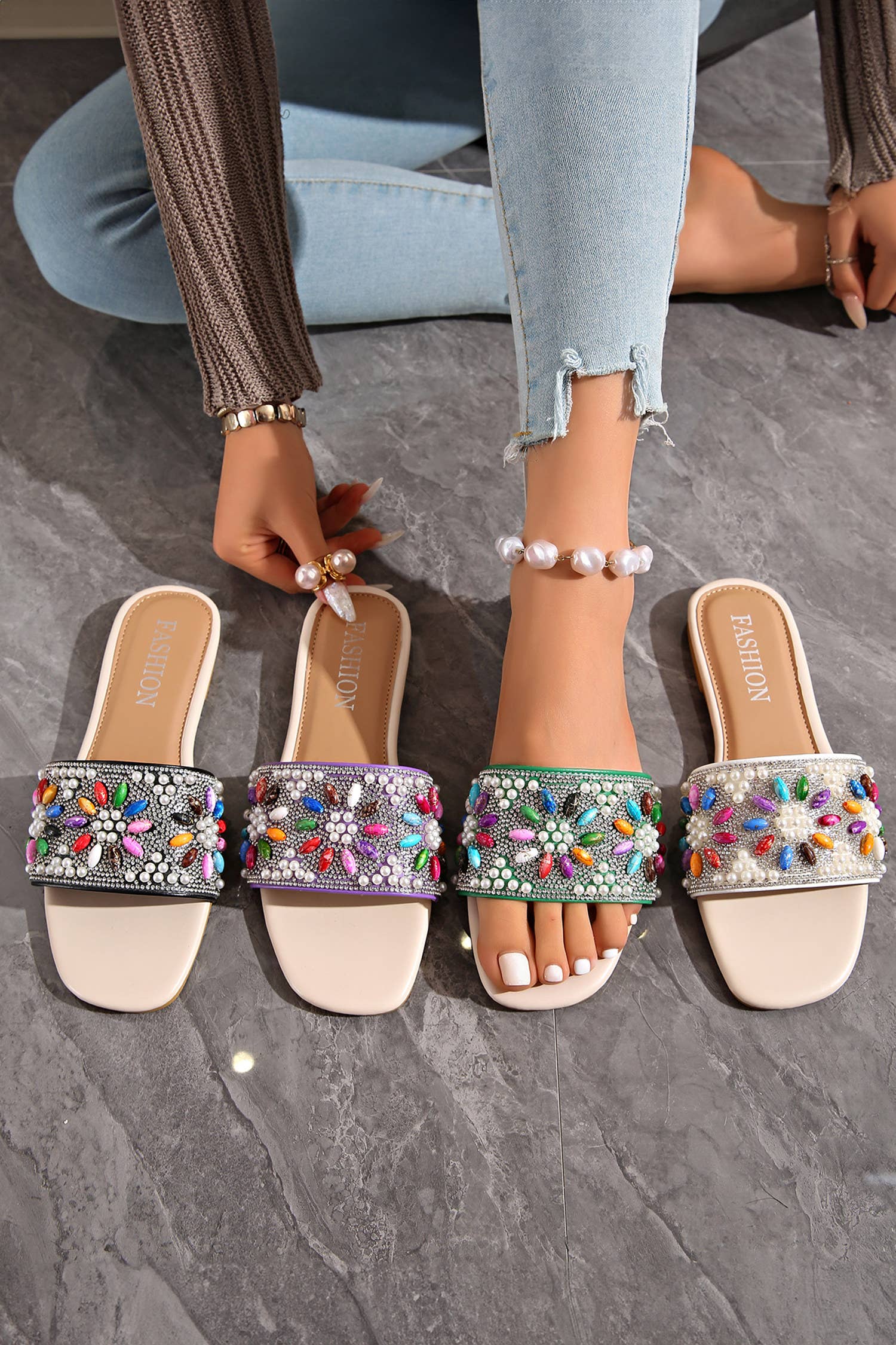 Rhinestone Pearl Decoration Square Head Beach Slippers
