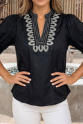 Puff Sleeve Contrast Embroidered Detail V Neck Blouse (S-Xl)