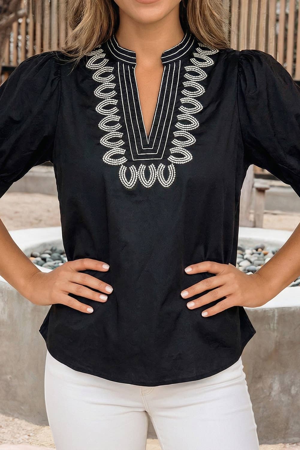 Puff Sleeve Contrast Embroidered Detail V Neck Blouse (S-Xl)