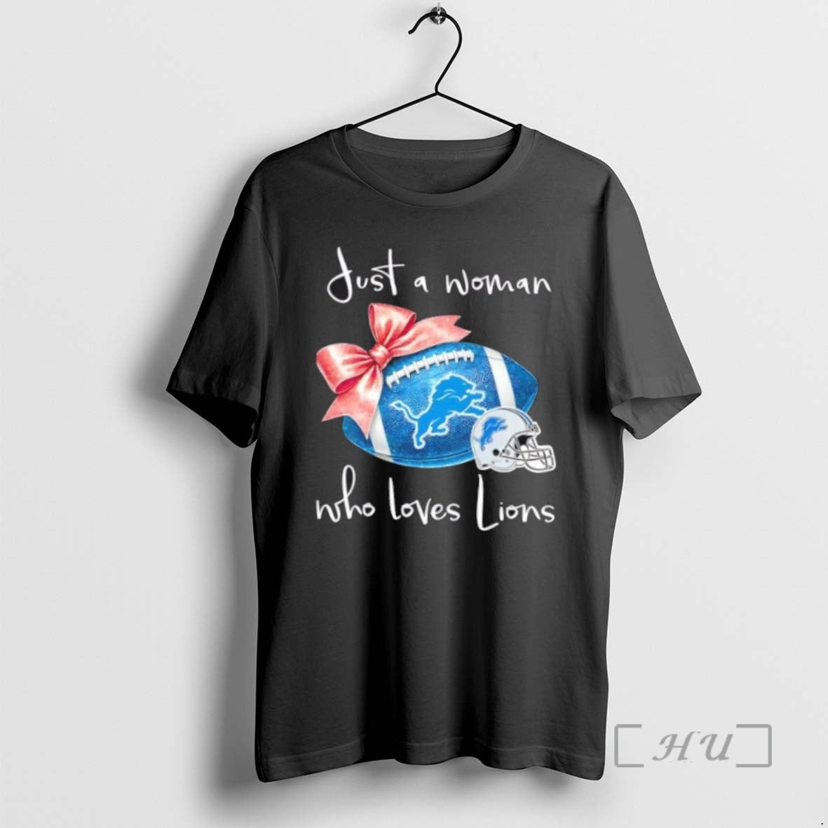 Limited Edition Just A Woman Who Loves Detroit Lions Football Helmet Tee Shirt Sweater