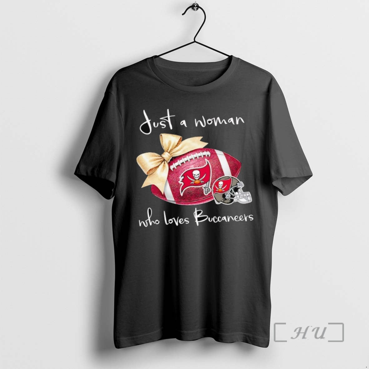 Limited Edition Just A Woman Who Loves Tampa Bay Buccaneers Gold Bow Helmet