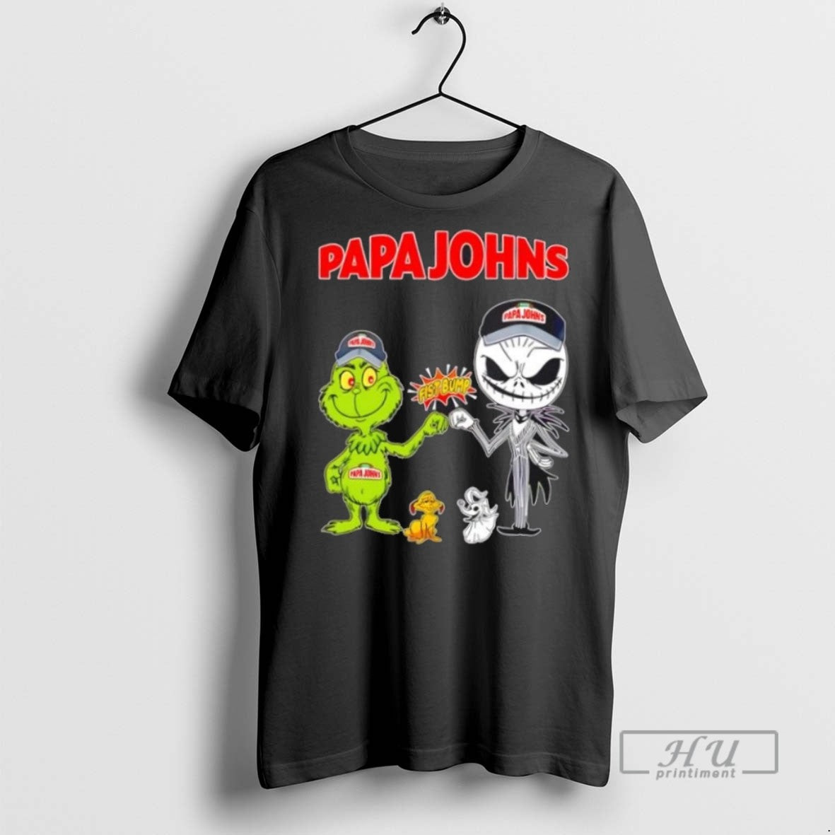 Limited Edition Papa Johns X Grinch And Jack Skellington Fist Bump Uniwilling Friends Graphic Tee