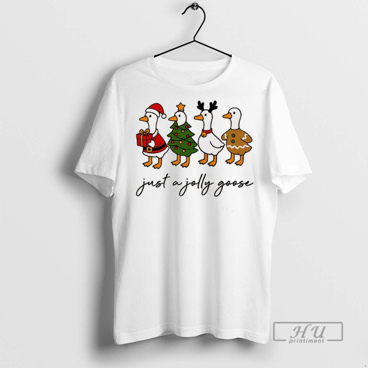 New Just A Jolly Goose Santa Claus Christmas Tree Reindeer And Gingerbread Christmas Tee Shirts