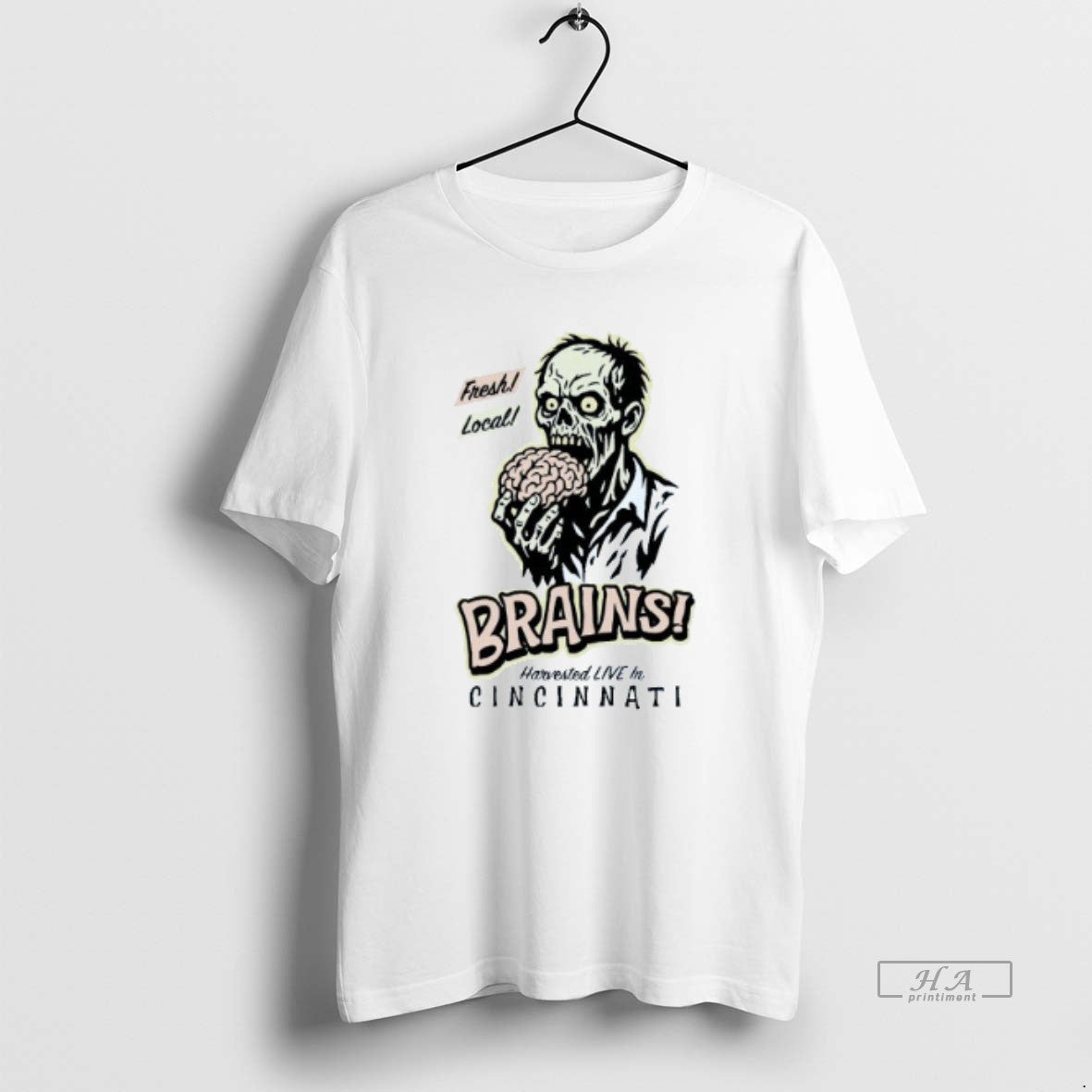 Official Fresh Local Brains Zombie Harvested Live In Cincinnati Halloween Mens White Tee