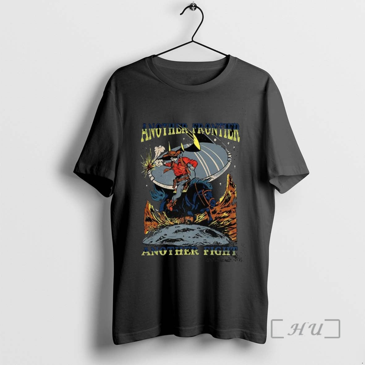 Officials Another Frontier Another Fight Cowboys Attack Ufo Wild West And Science Fiction Comic Tee