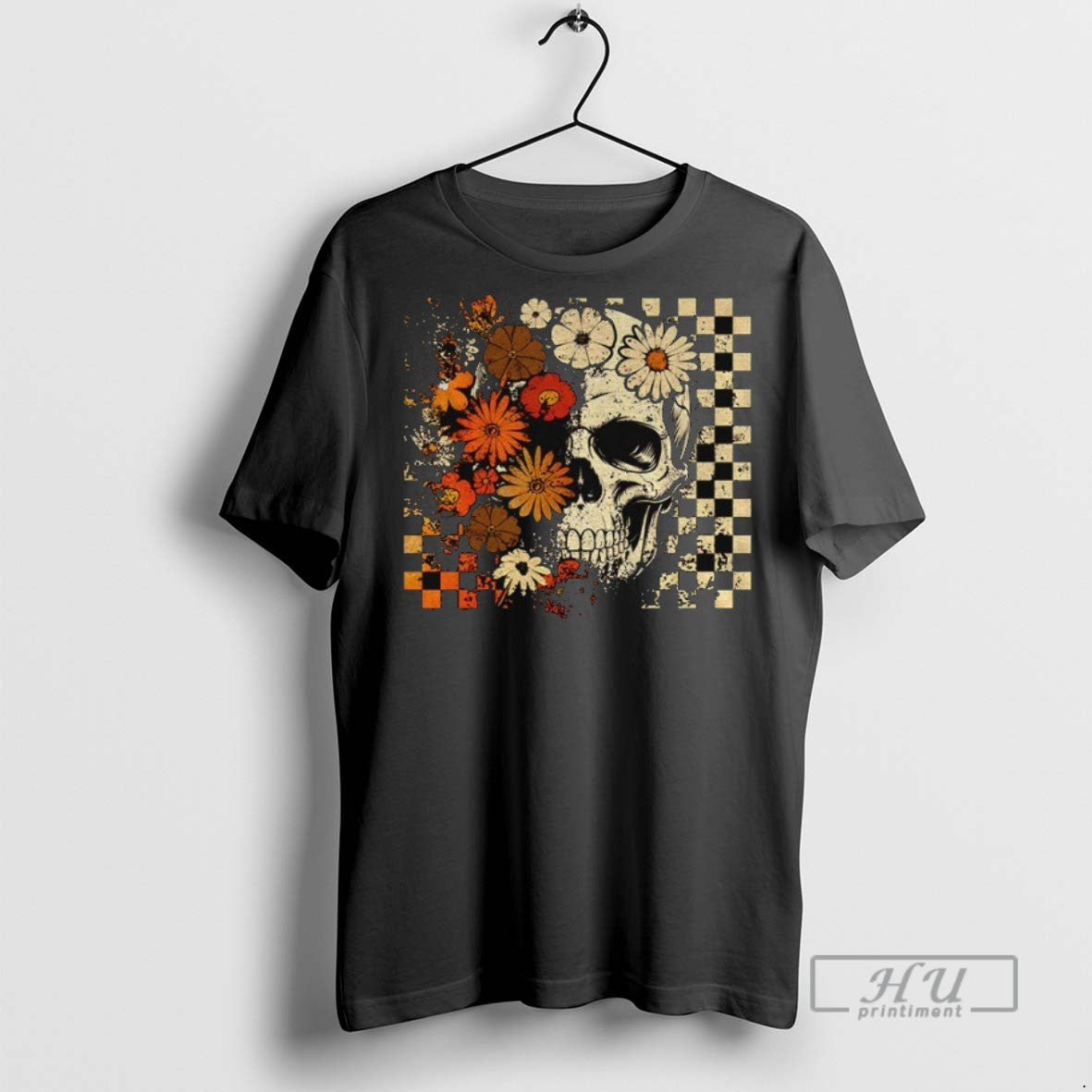 Officials Funny Skull Checkered Skeleton Floral Spooky Season Halloween T Shirt Sweatshirt Hoodies
