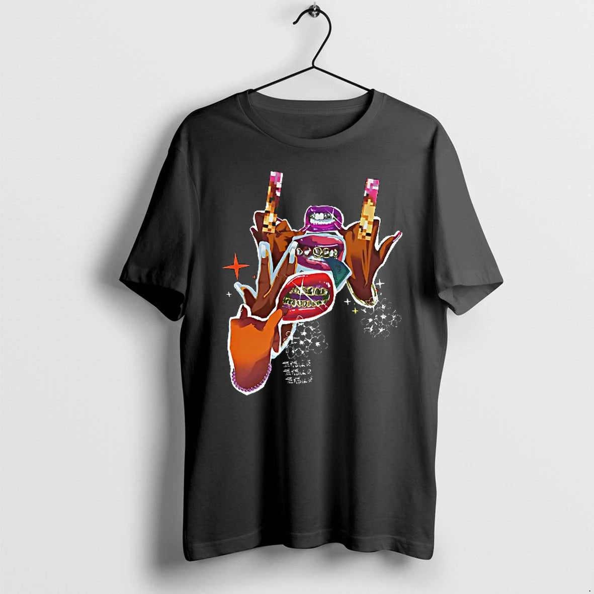 Officials Japanese Kanji Text Lips And Gold Grillz Mouth And Hands Urban T Shirt Sweater