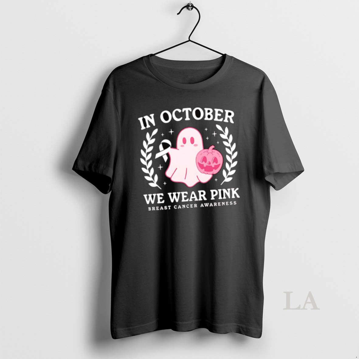Original Cute Ghost And Pumpkin In October We Wear Pink Breast Cancer Awareness Halloween