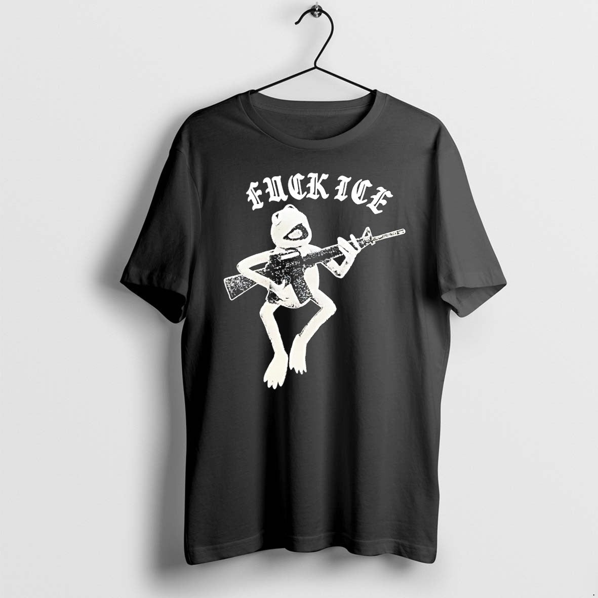 Original Froggy Protest Kermit Armed With Rifle Fuck Ice Black Tshirts Jpg Unisex