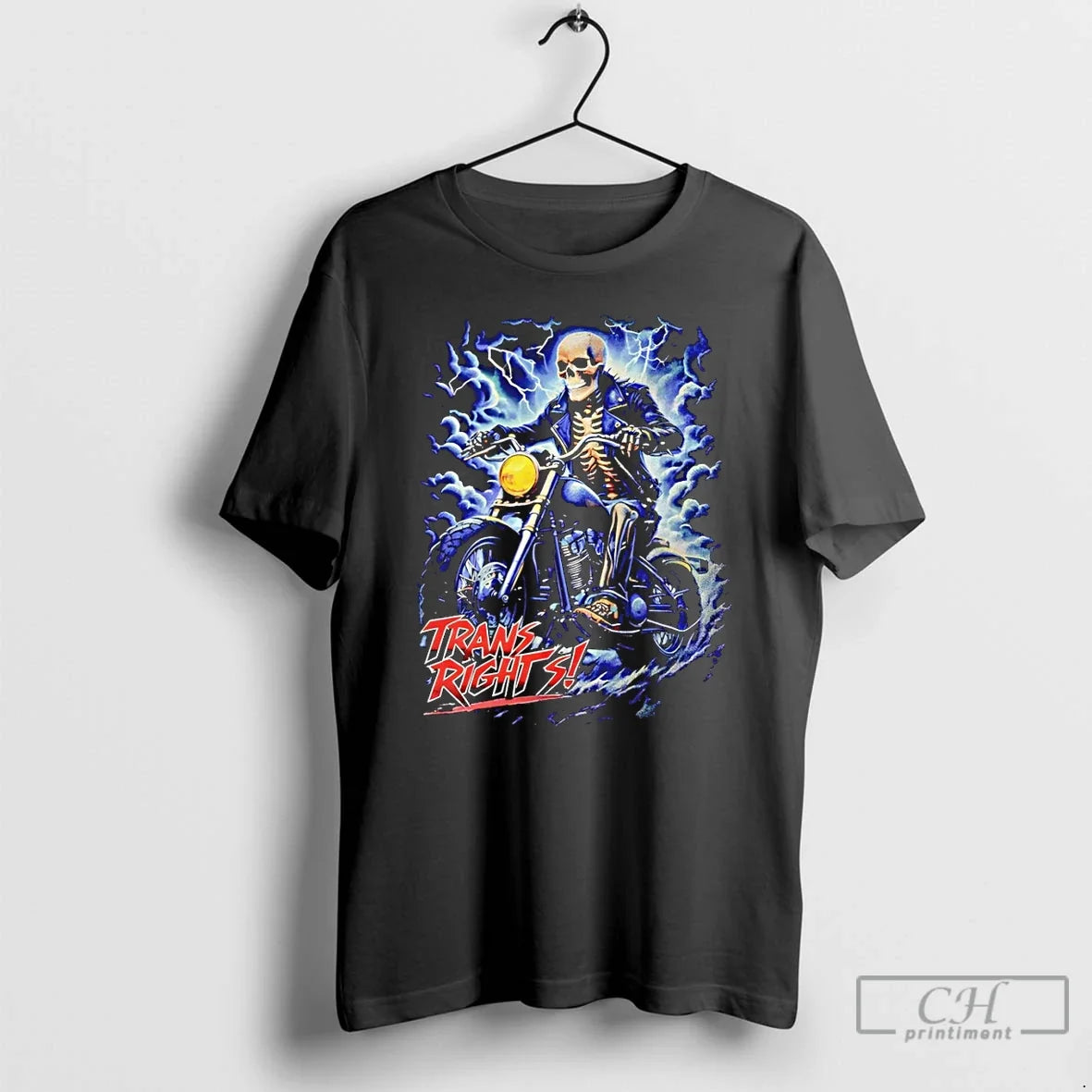 Premium Skeleton Biker Riding Motorcycle With Storm Trans Rights Unisex