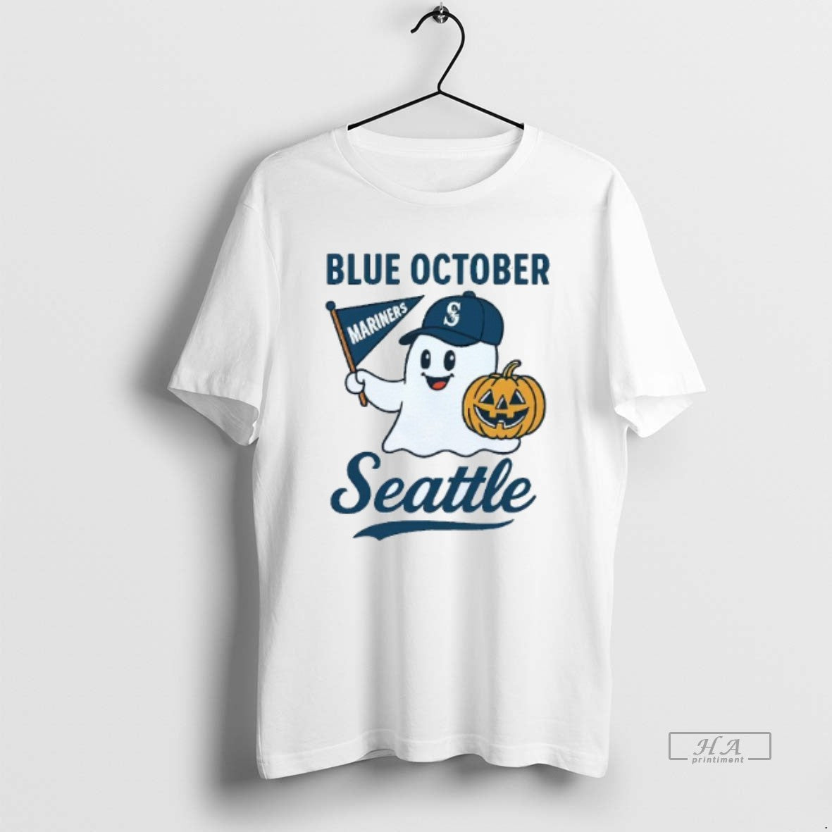 Trendy Blue October Ghost Seattle Mariners Halloween Mens White Tee