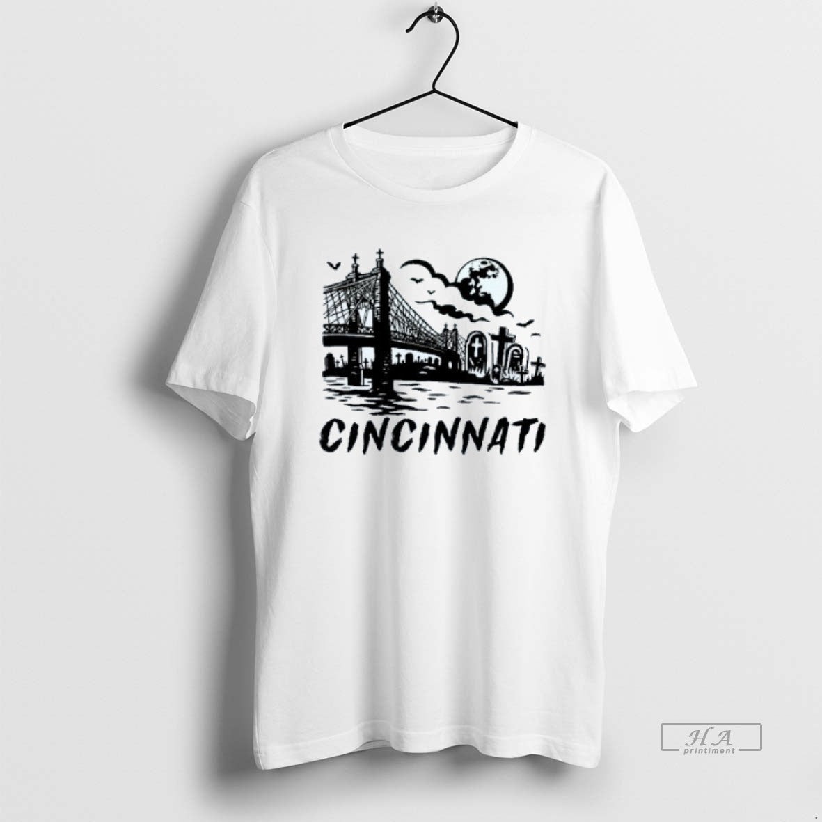 Trendy Cincinnati Downtown Spooky Halloween Mens White Tee
