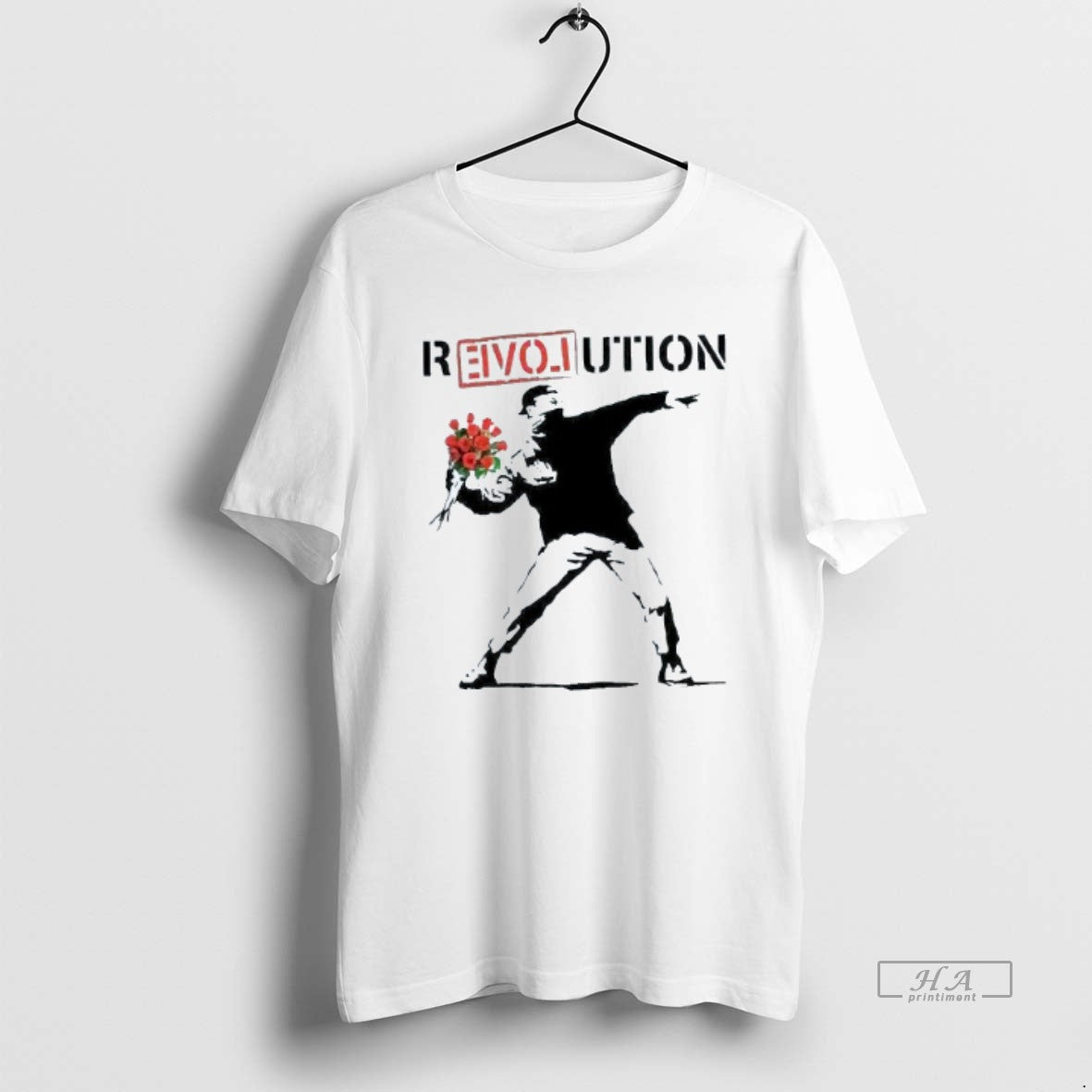 Trendy Revolution Flower Thrower Banksy Stencil Mens White Tee