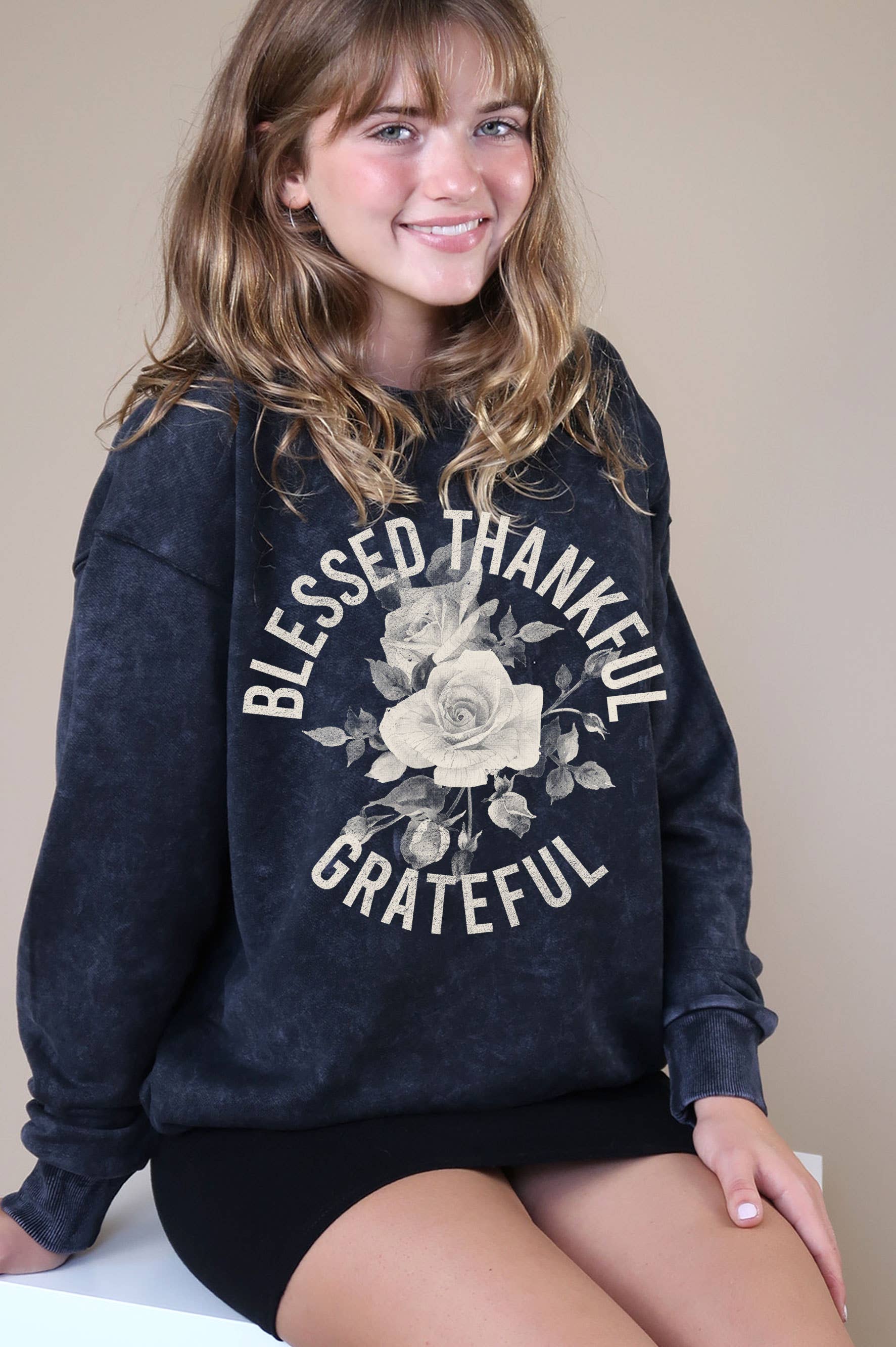 Blessed Thankful Grateful Graphic Mineral Brushed Sweatshirt