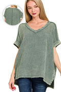 1017 Acid Washed Double Gauze V Neck Cuffed Tee SI-27650