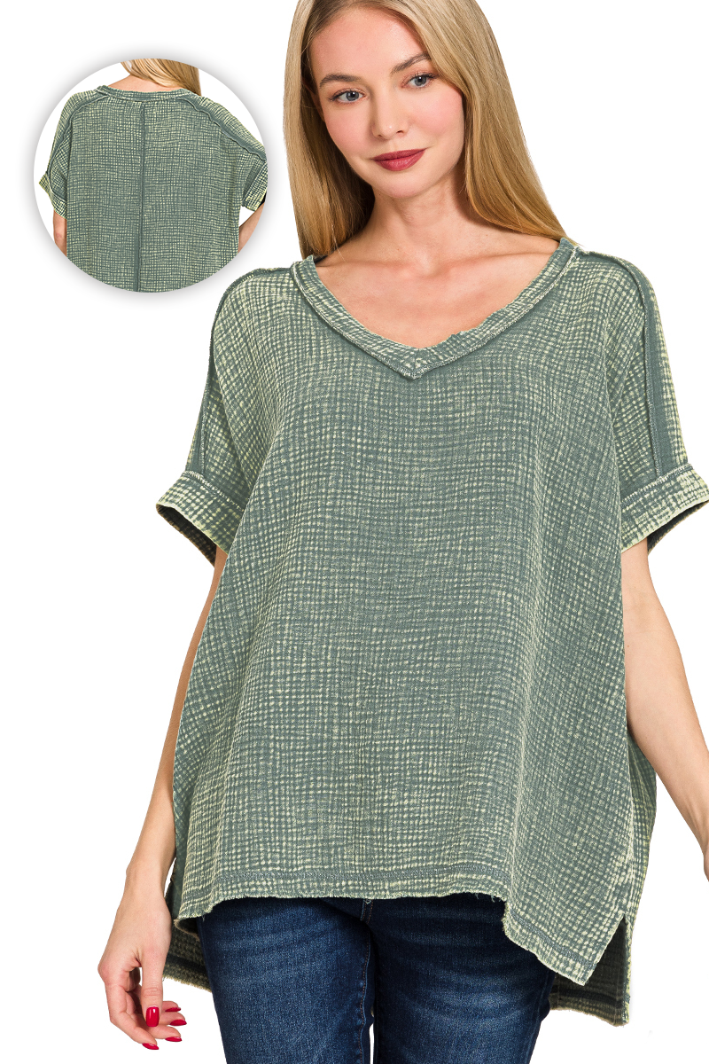1017 Acid Washed Double Gauze V Neck Cuffed Tee SI-27650