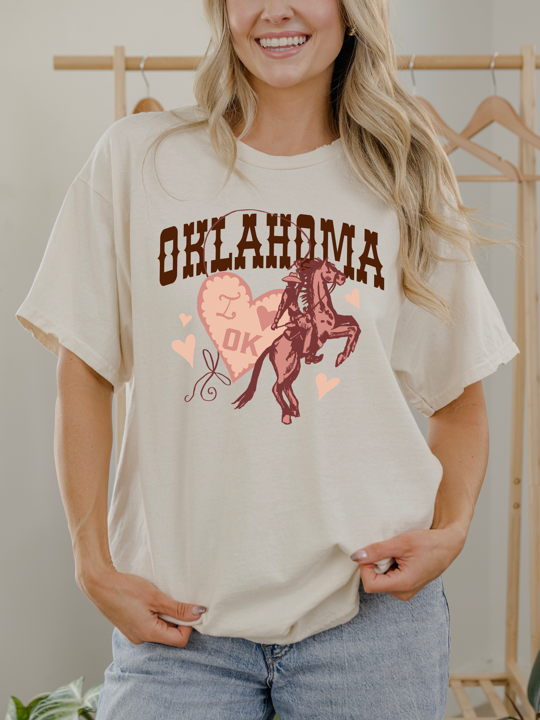 Oklahoma Hearts and Horses Off White Thrifted Graphic Tee