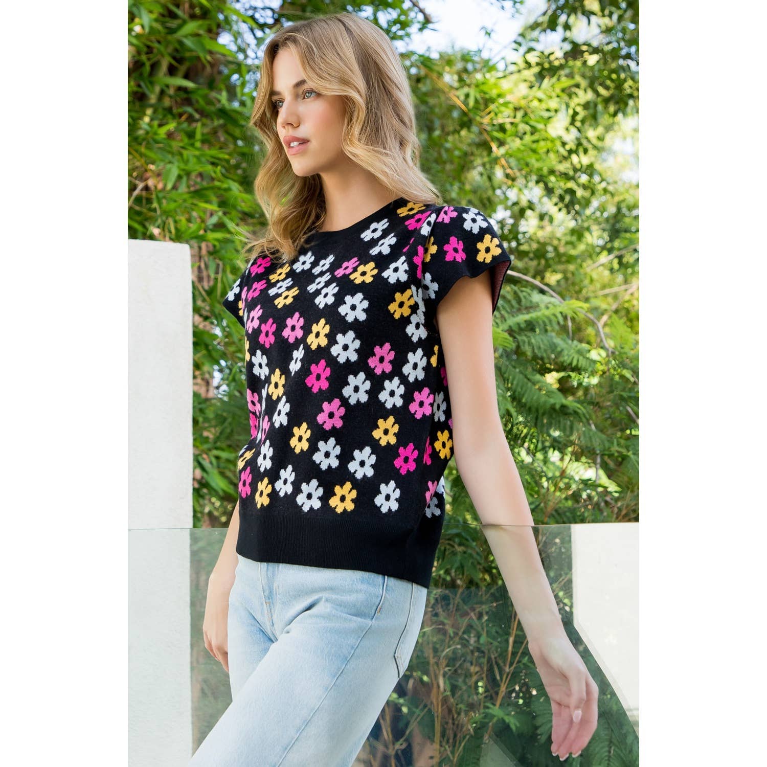 Black Short Sleeve Knit Top with Multicolor Floral Print