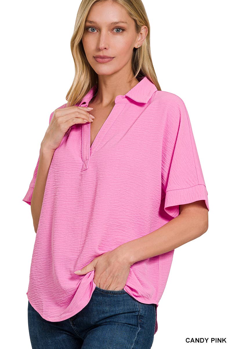....SI-25661 Woven Airflow Collared V Neck Short Sleeve Top