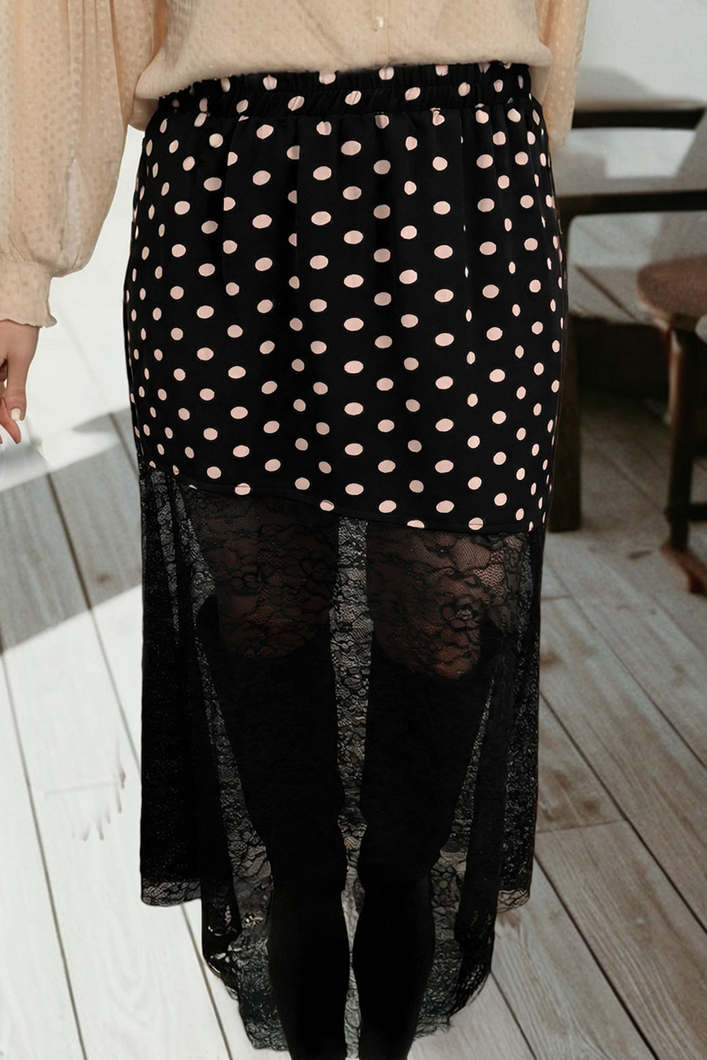 Asymmetric Polka Dot Print Sheer Lace Patchwork Skirt (S-Xl)