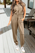 Solid Color Zip Front Short Sleeve Collared Jumpsuit (S-Xl)