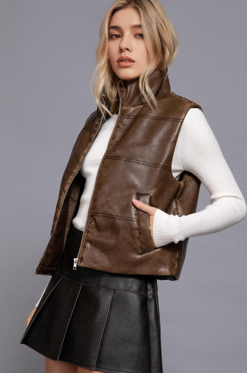 ,,..0812 Wash Effect Faux Leather Vest SI-28336