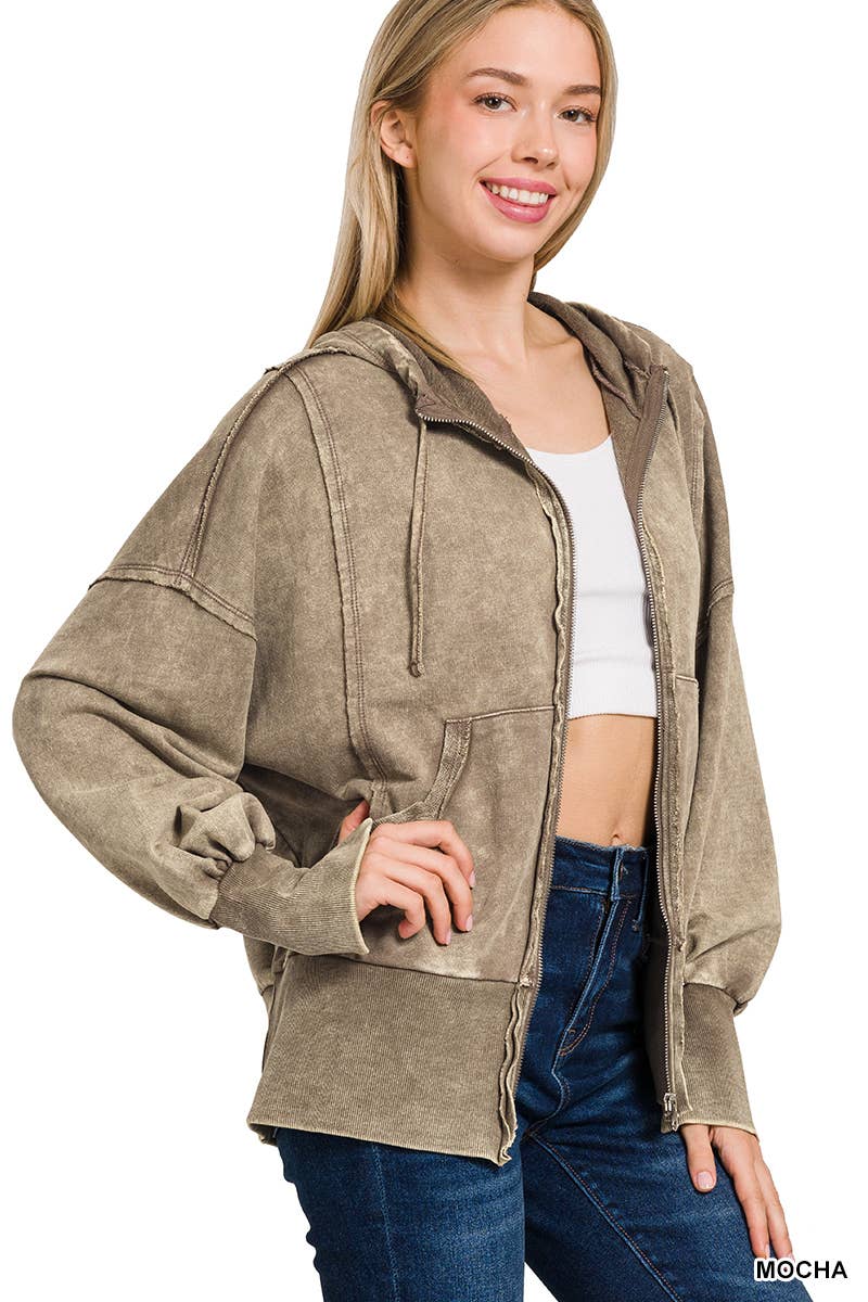 ._ SI-25314 Acid Washed French Terry Zip-Up Hoodie with Pockets