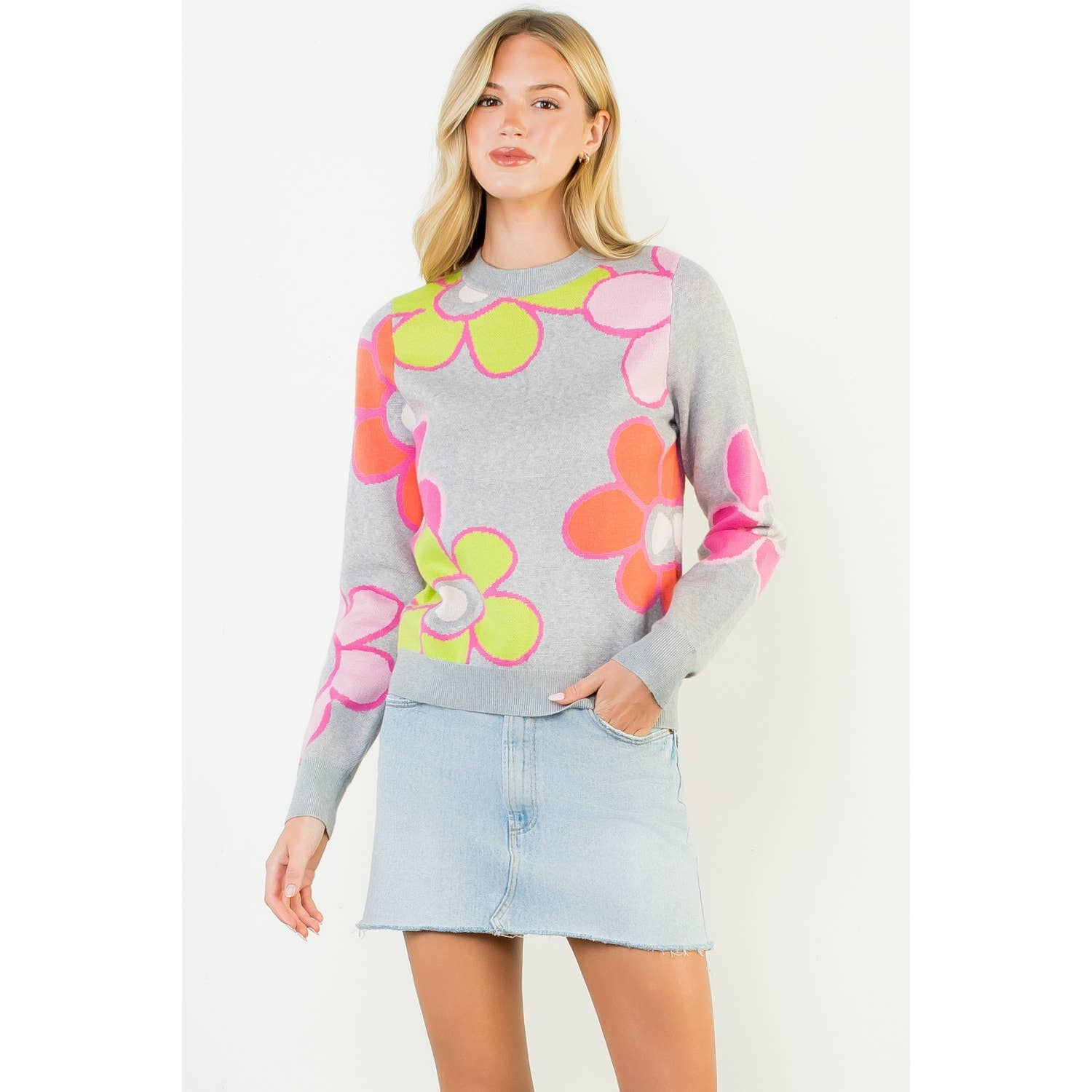 Color Block Flower Knit Sweater