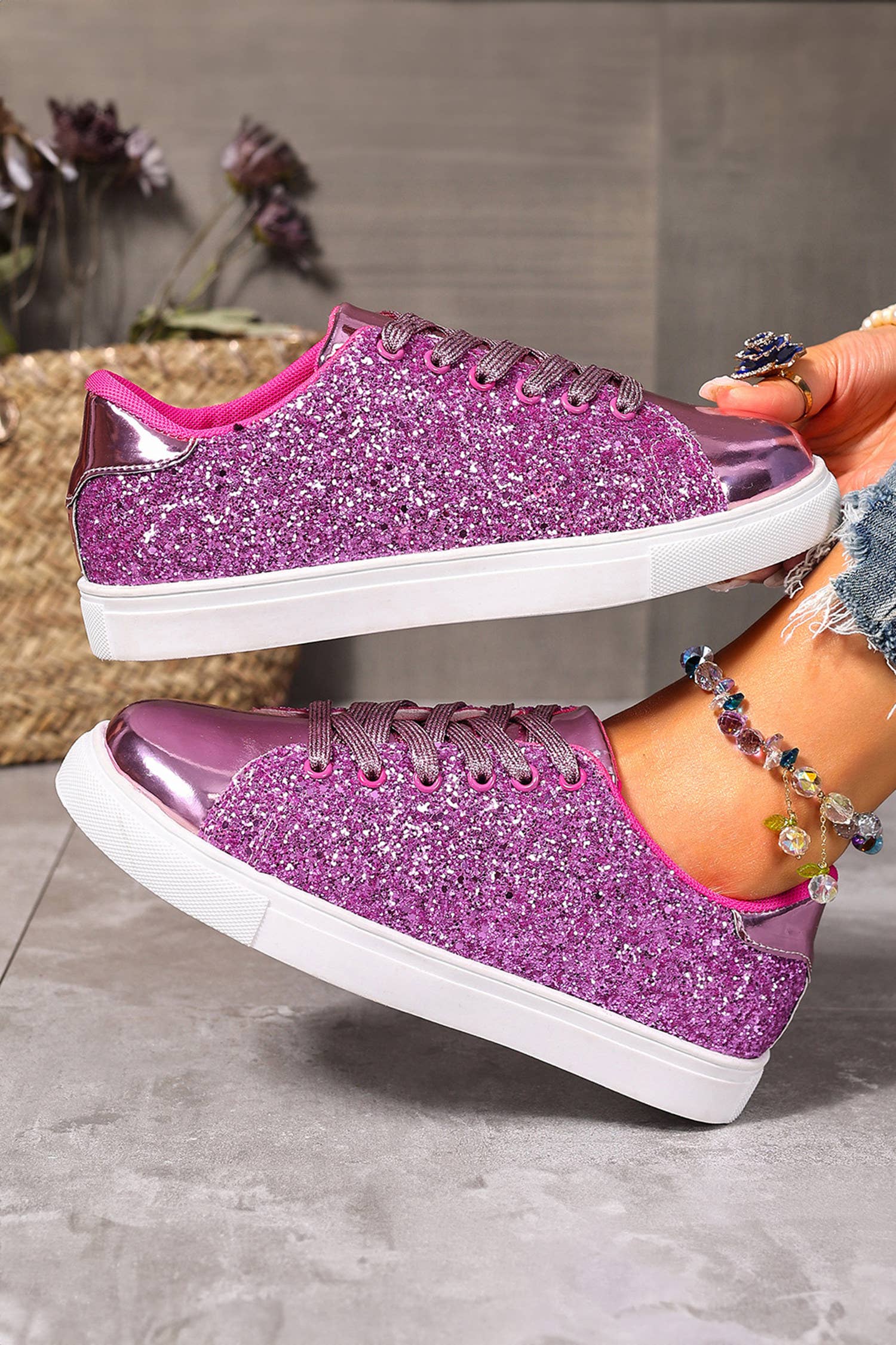 Cheerful Sequin Sleek Patchwork Lace-Up Flat Shoes