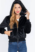 ._ SI-17102 Fitted Faux Fur Zip Up Hoodie Jacket