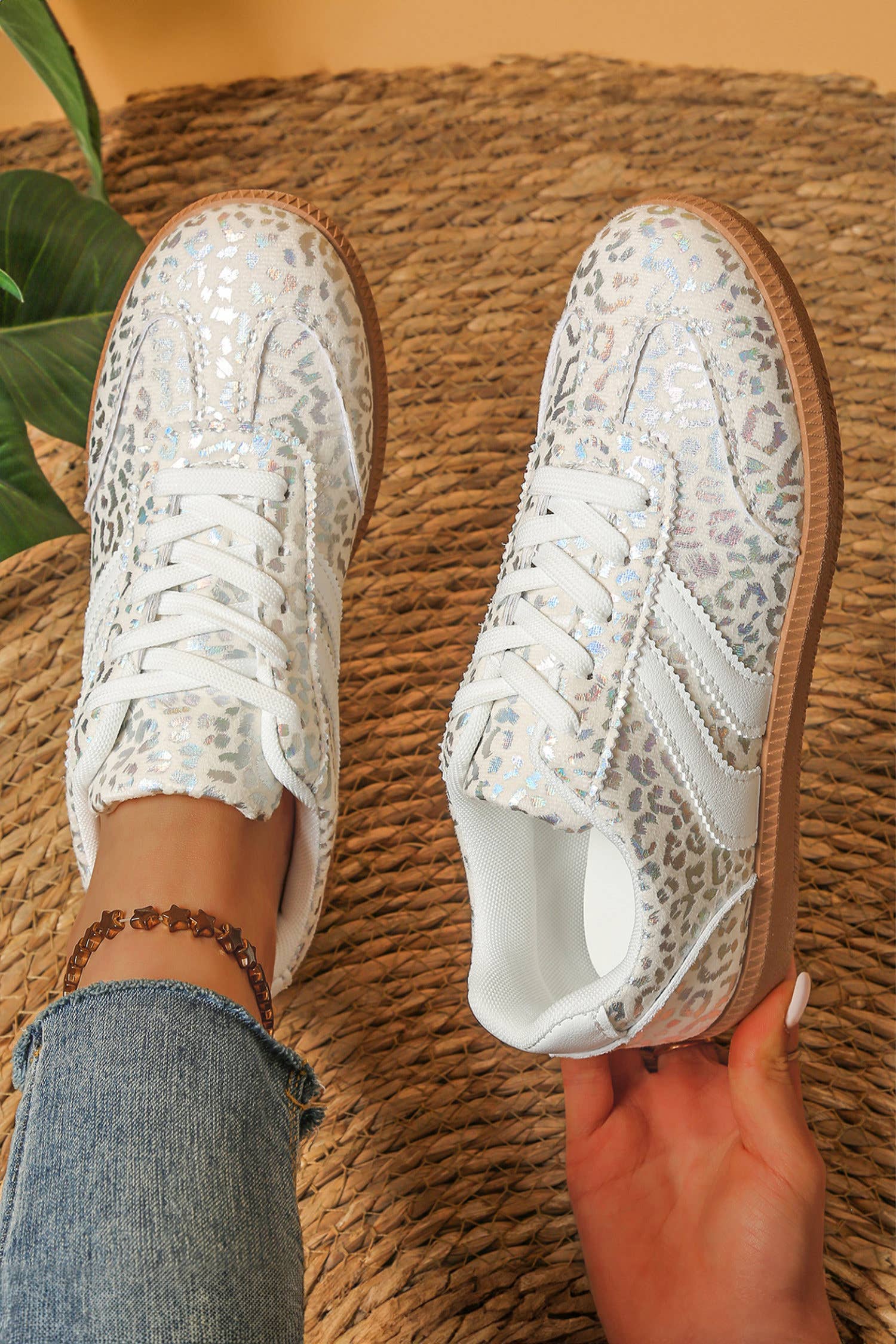 Pu Leather Detail Shimmer Leopard Printed Lace-Up Sneakers
