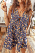 Floral Print Bow Tie V Neck Sleeveless Denim Romper (S-Xl)