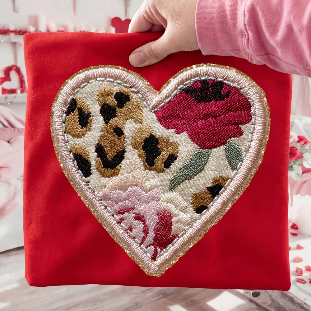 Faux Embroidered Floral Leopard Heart Tee