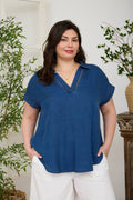 Plus Denim Collared V Neck Ladder Lace Trim Denim Shirt