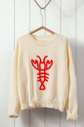 Playful Lobster Embroidery Relaxed Knit Sweater Top