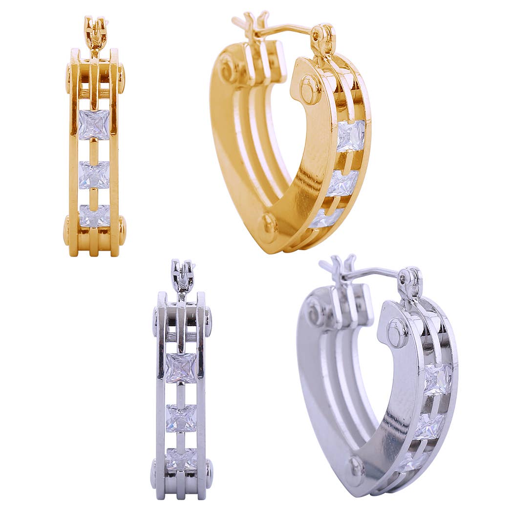 14K Dipped 3 Layers Heart Cz Pin Catch Earrings