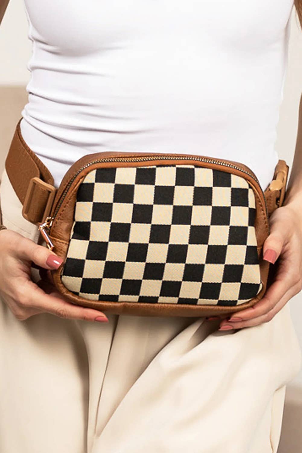 Faux Leather Checkered Patchwork Crossbody Waist Bag
