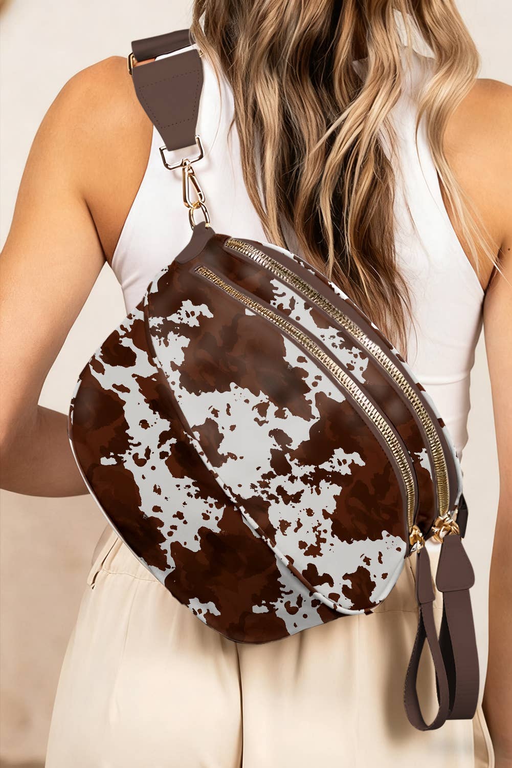 Cow Spots/ Floral Printed Double Zip Crossbody Bag Gifts