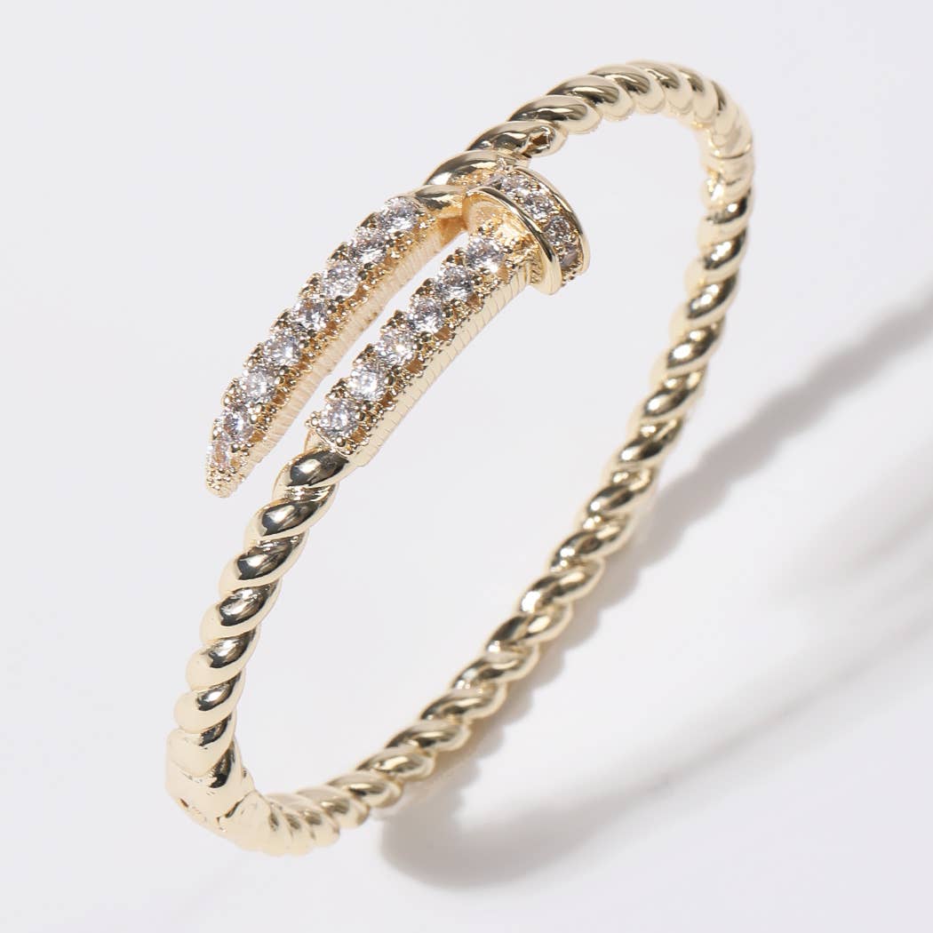 Cz Pave Edge Twisted Gold Plated Bangle Bracelet